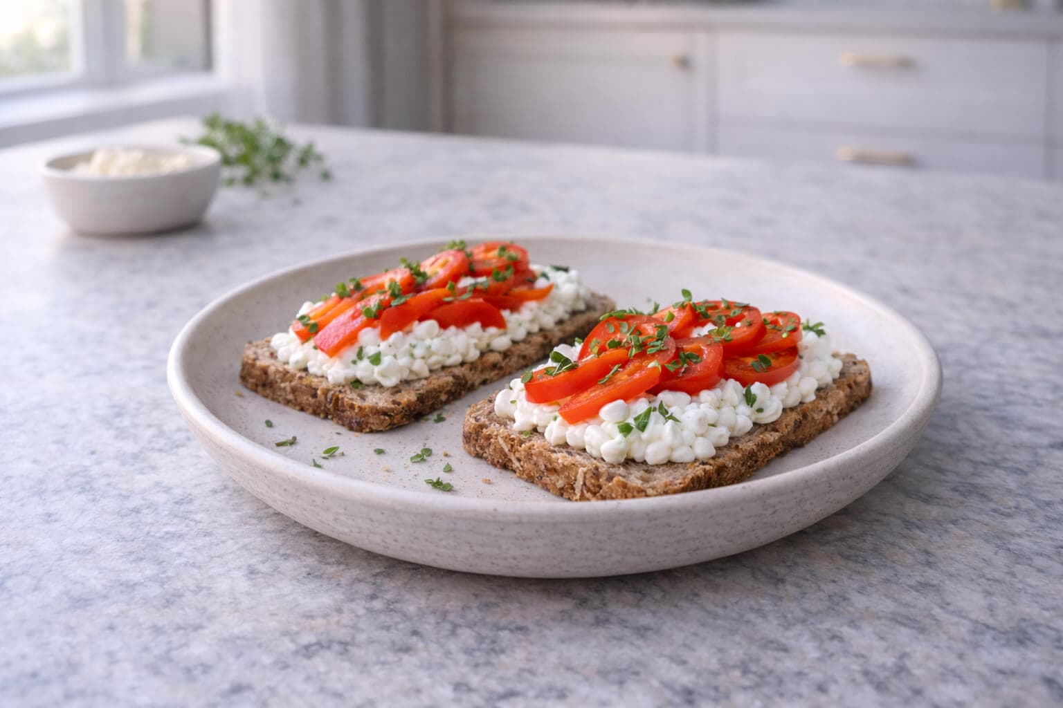 Grovt brød med cottage cheese og paprika