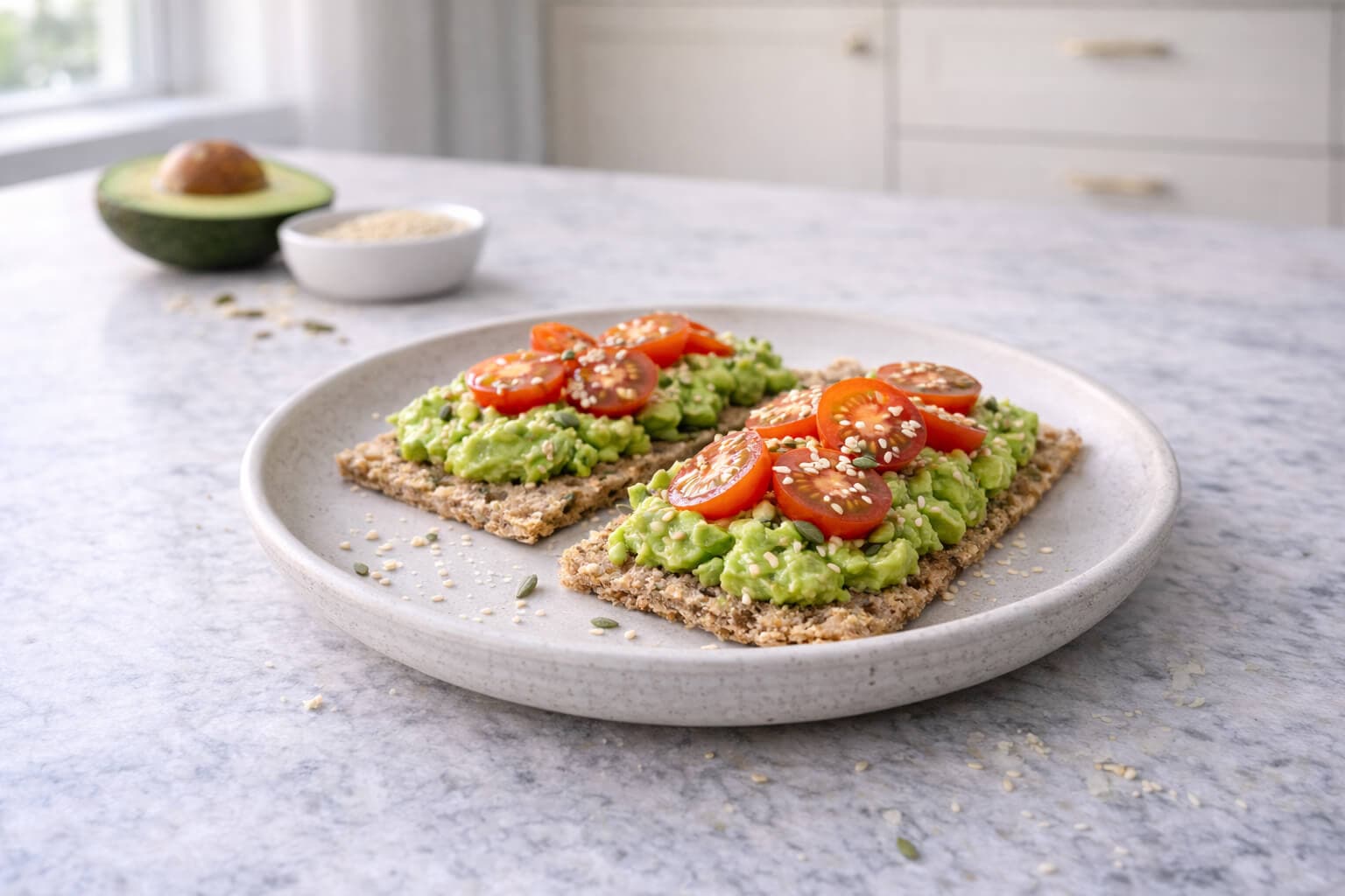 Grovt knekkebrød med avokado og tomat