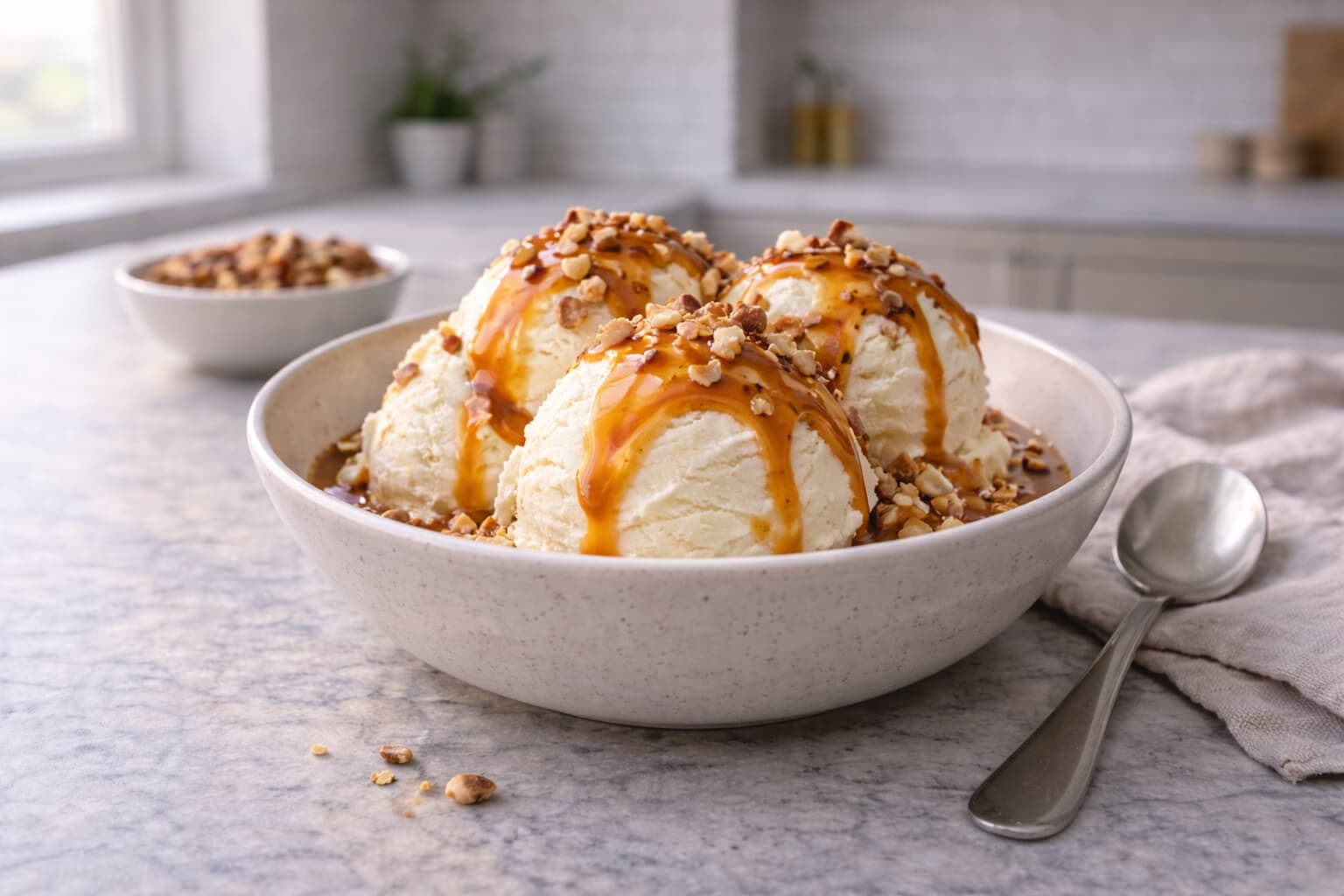 Hjemmelaget iskrem med karamellsaus