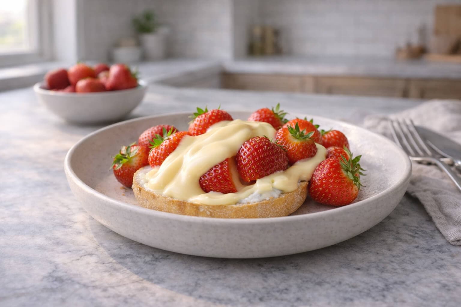 Jordbær med vaniljekrem på briocherundstykke