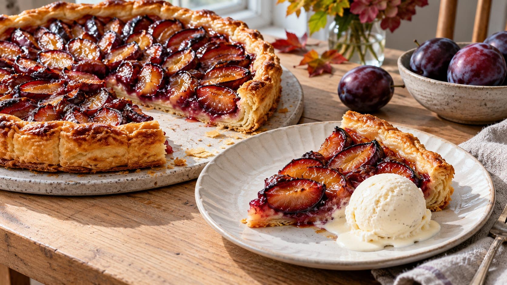 Plommeterte med karamelliserte plommebåter og sprø butterdeig, med et stykke servert med vaniljeis.