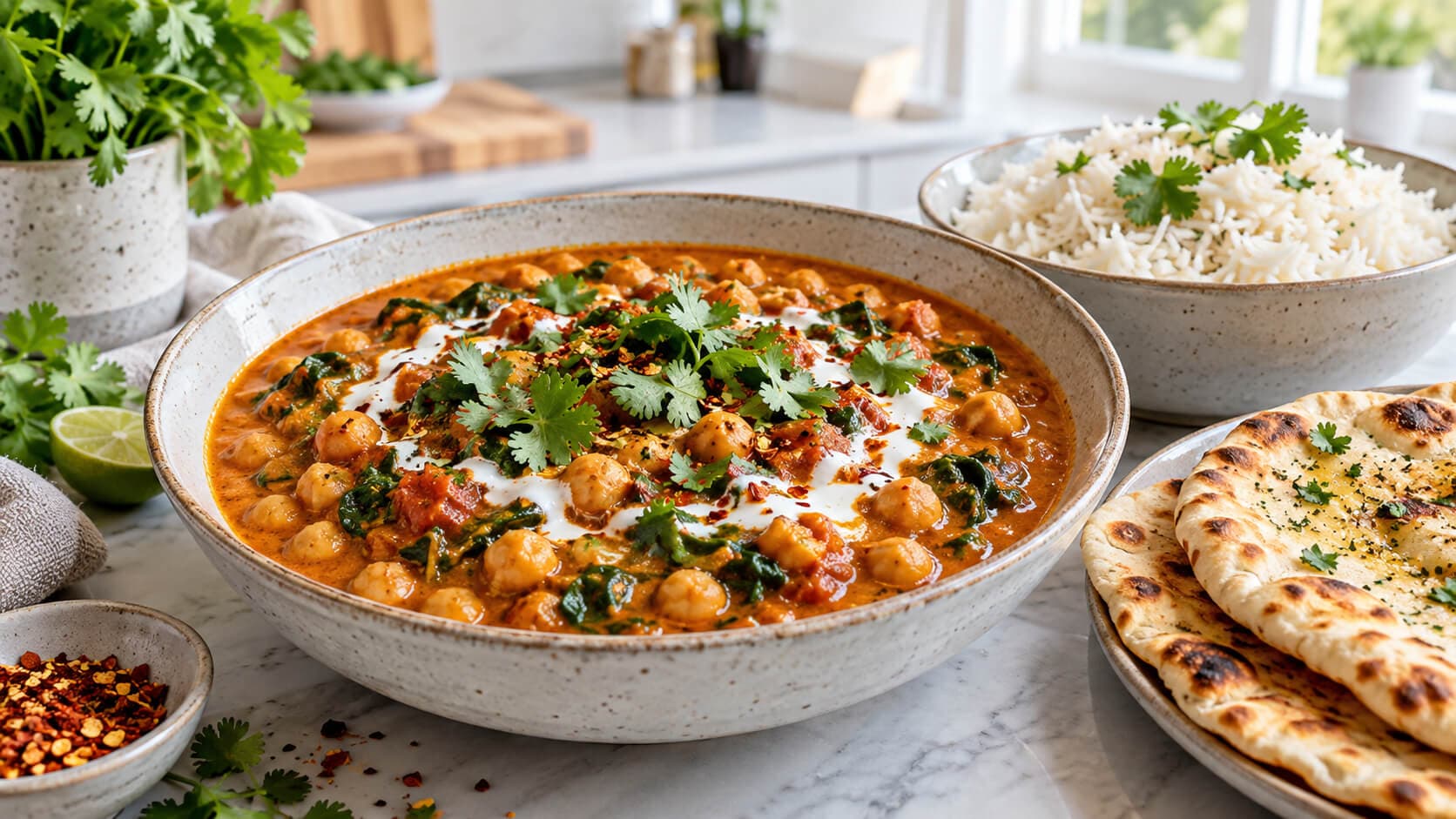 Kikertgryte med kokosmelk, spinat og tomat