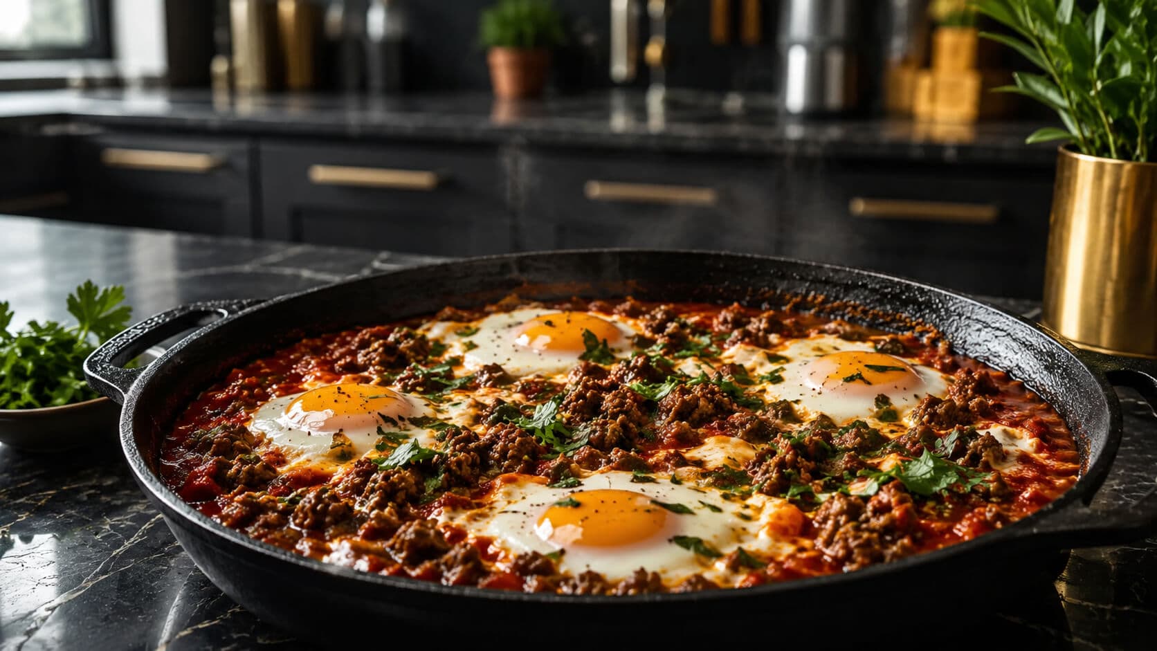 Kjøttdeig i tomatsaus med bakte egg