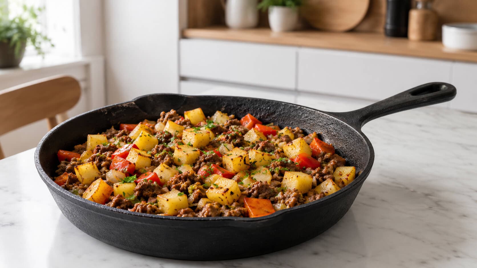 Kjøttdeig potetpanne med paprika og persille