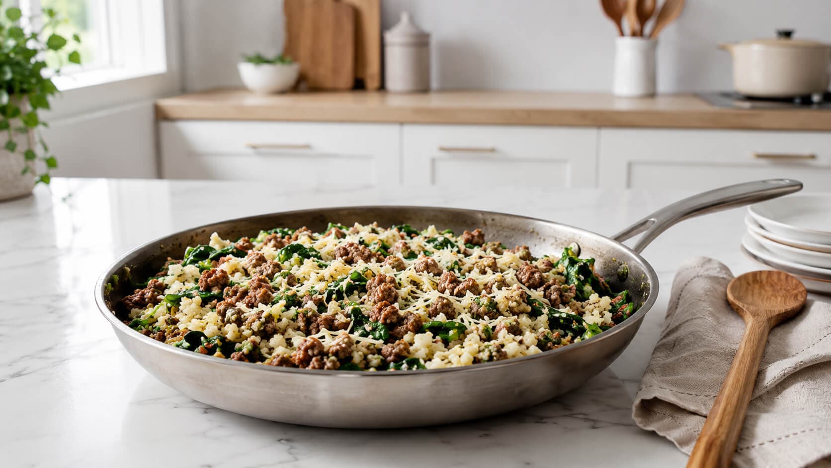 Kjøttdeigpanne med blomkålris, spinat og parmesan