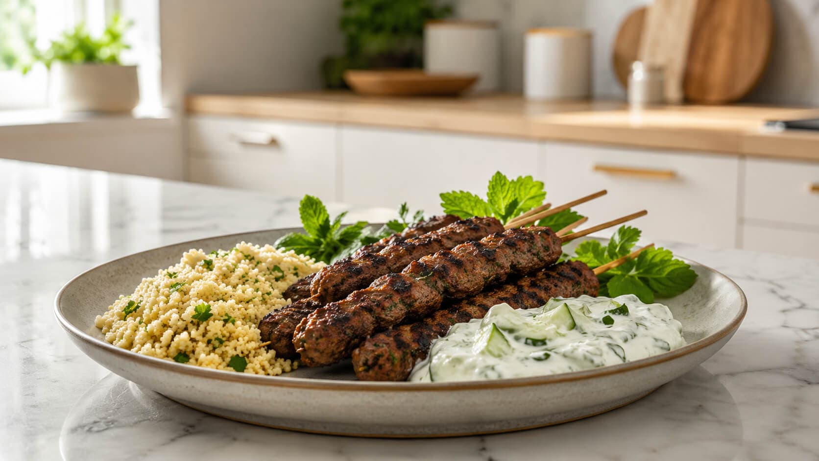 Kjøttdeigspyd med couscous og agurkyoghurt