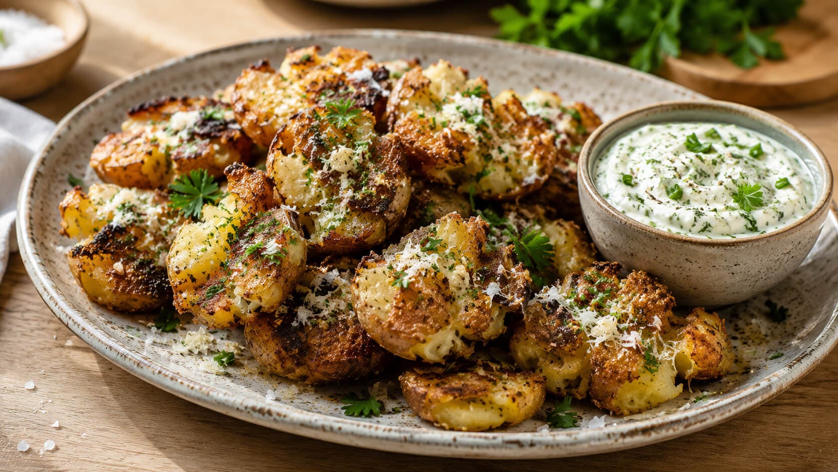 Knuste poteter med hvitløk, parmesan og urtedipp