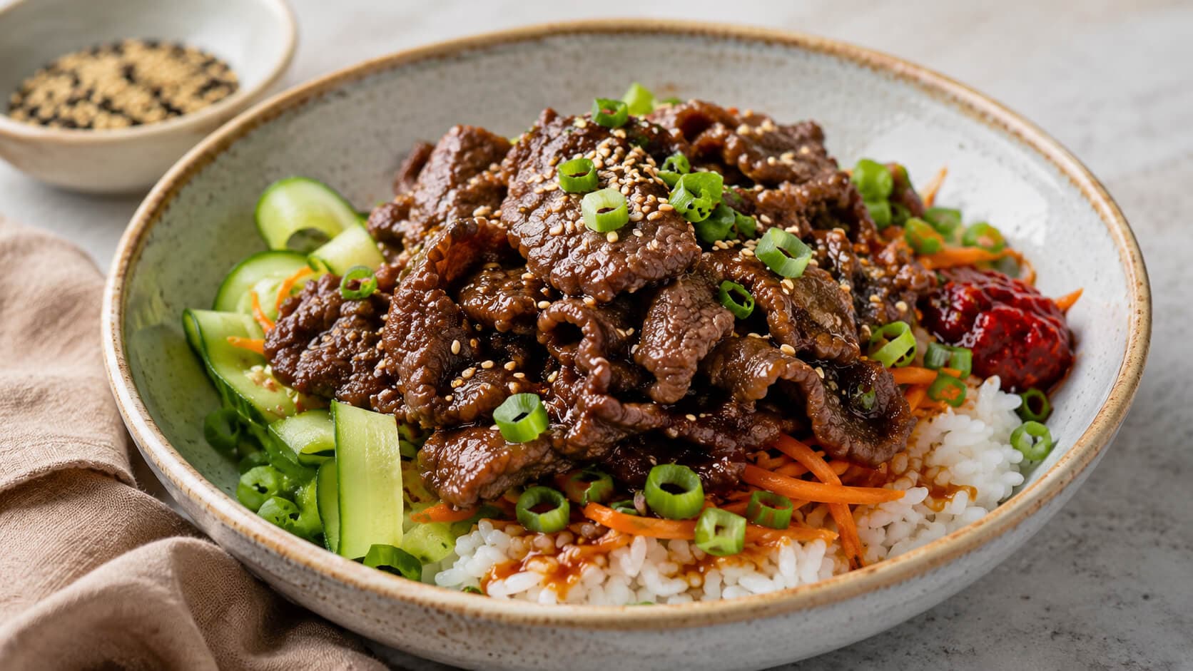 Koreansk bulgogi bowl med ris og sesam