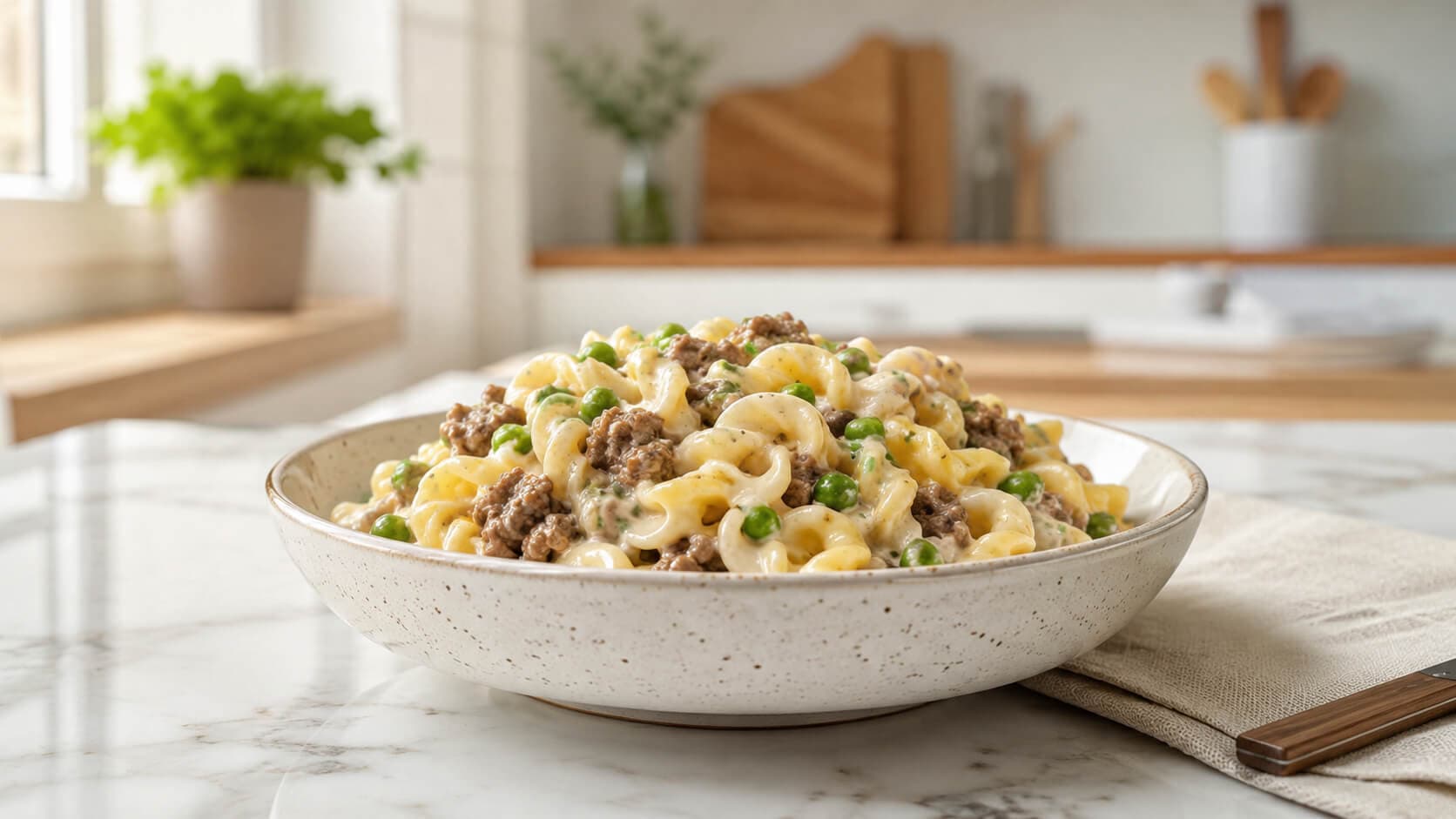 Kremet pasta med kjøttdeig, erter og ostesaus