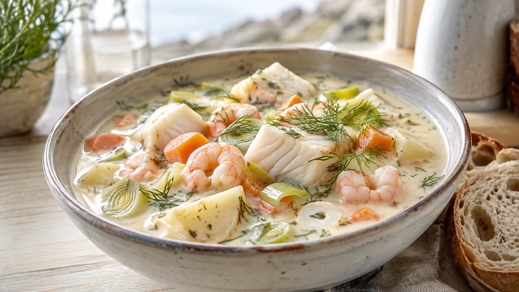 Kremet fiskesuppe med torsk, reker og dill