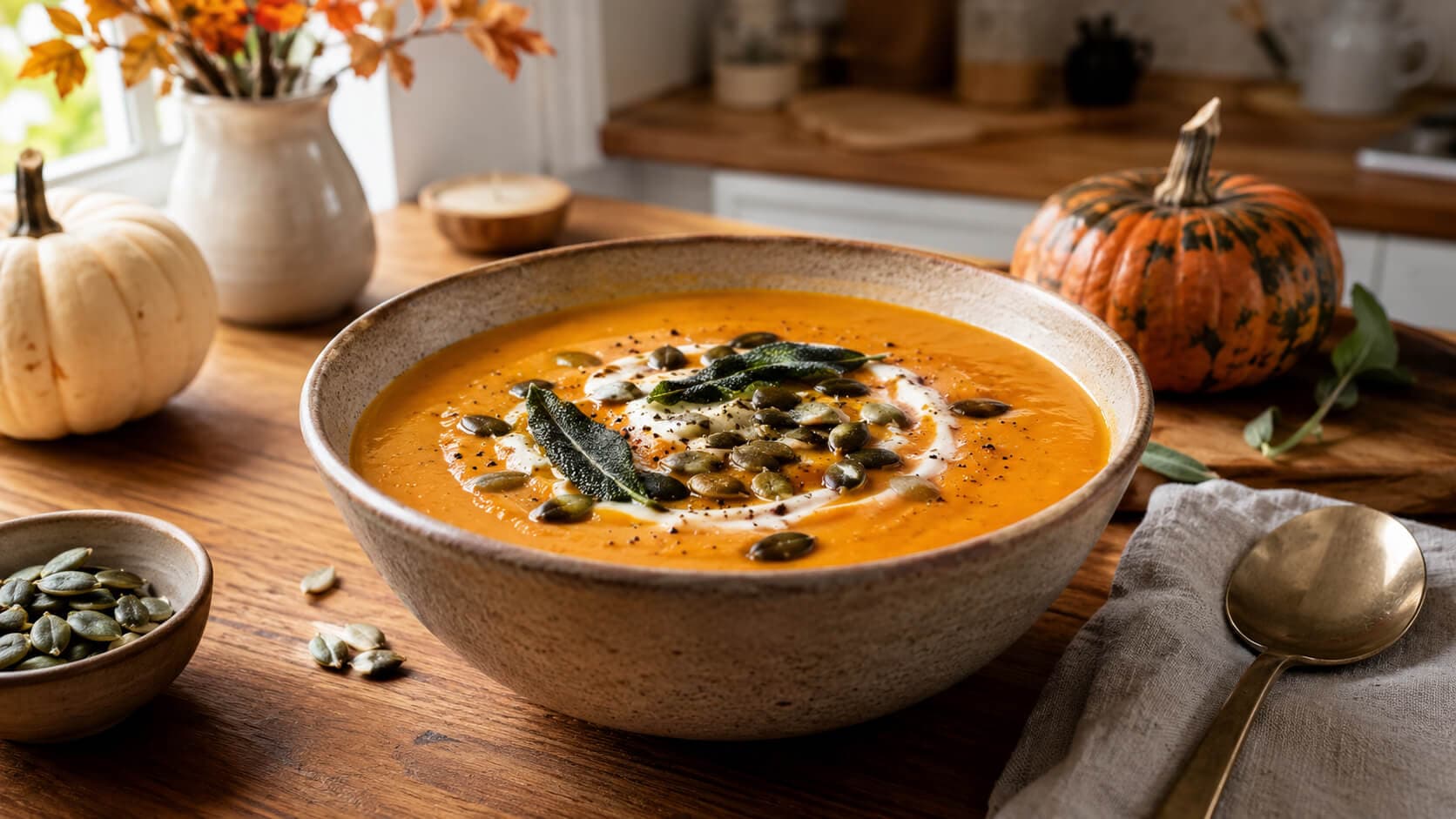 Kremet gresskarsuppe med salvie og ristede frø