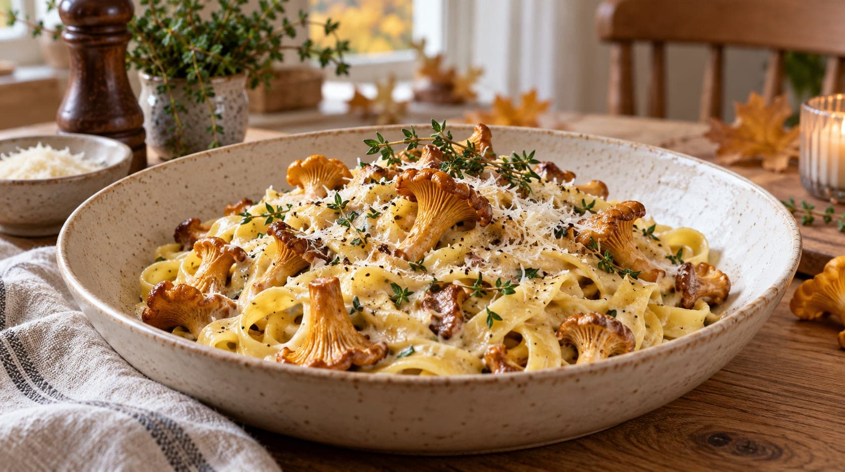 Kremet tagliatelle med stekte kantareller, revet parmesan og frisk timian servert i en keramisk skål.