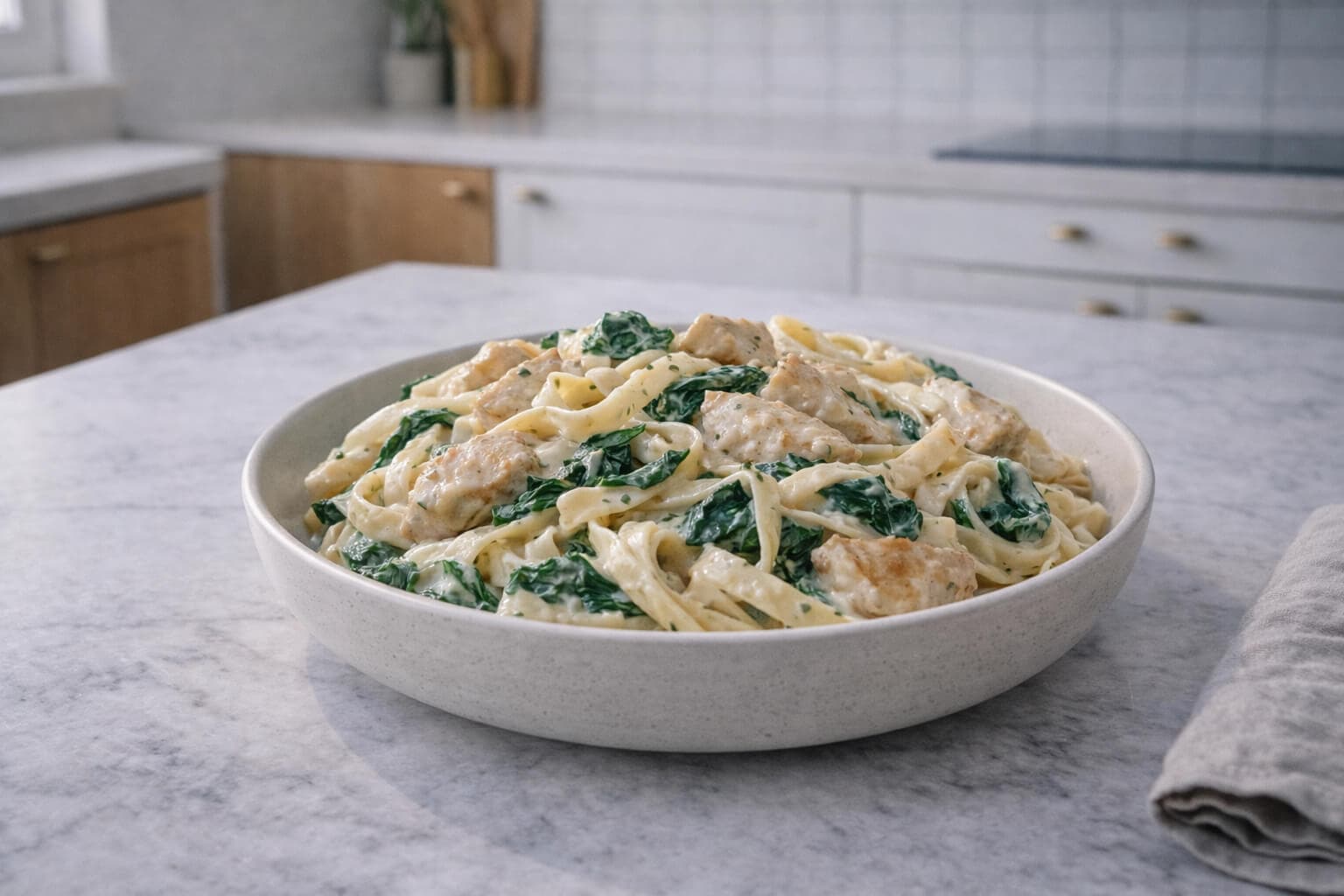 Kremet pasta med kylling og spinat