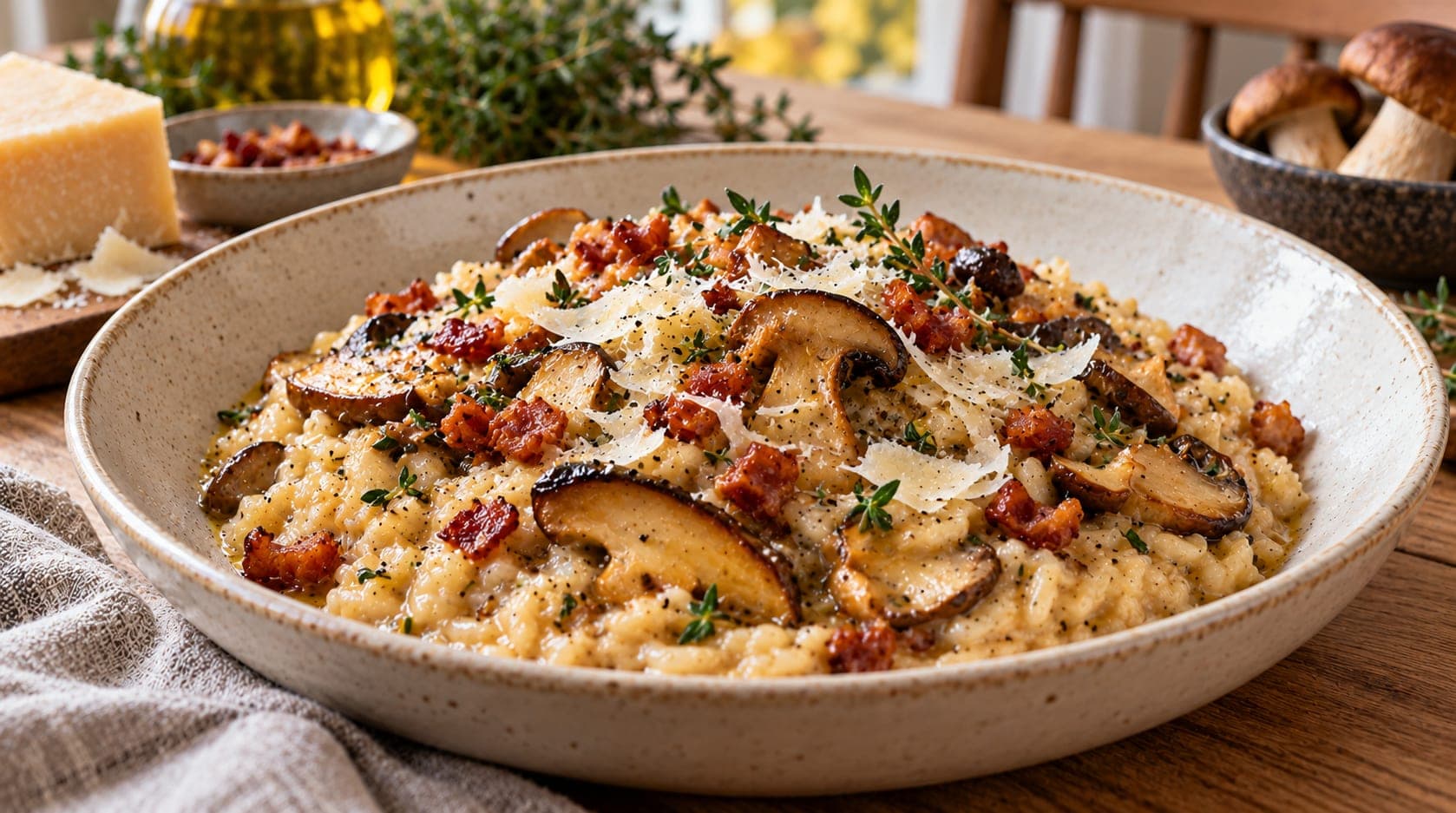 Kremet risotto toppet med stekt steinsopp, sprø pancetta, parmesanflak og timian i en keramisk skål.
