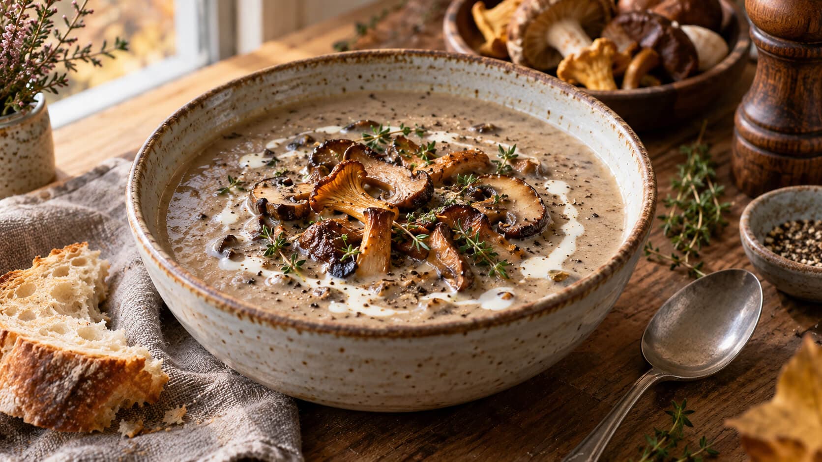 Kremet soppsuppe med timian og sprøstekt sopp