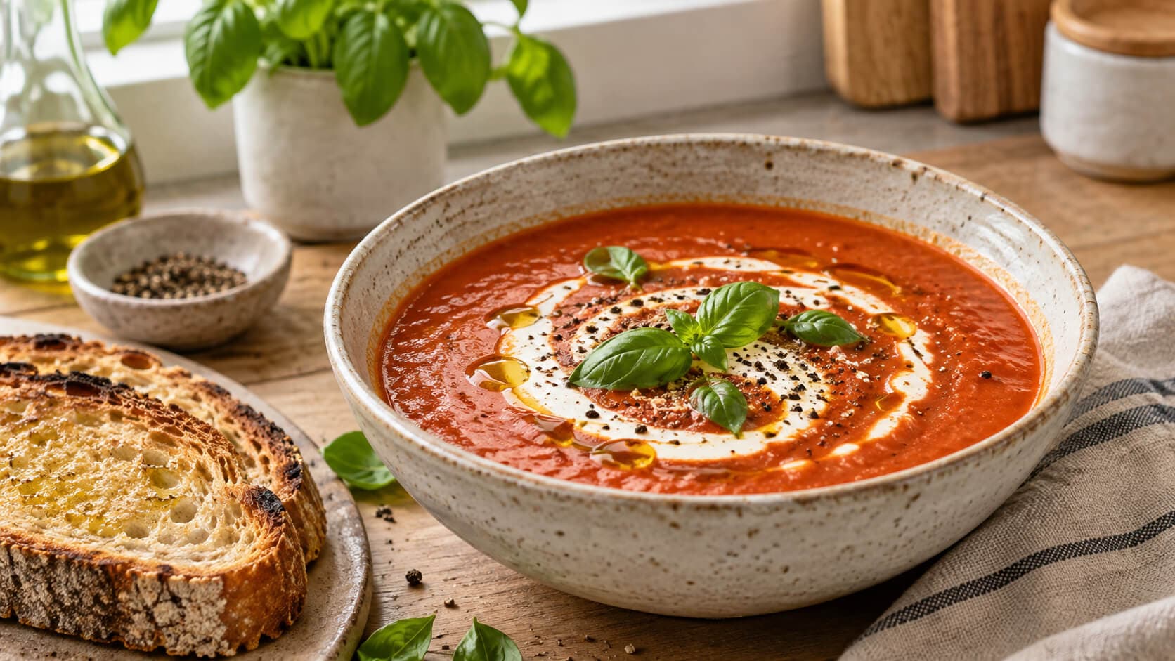Kremet tomatsuppe med ovnsbakte tomater og basilikum