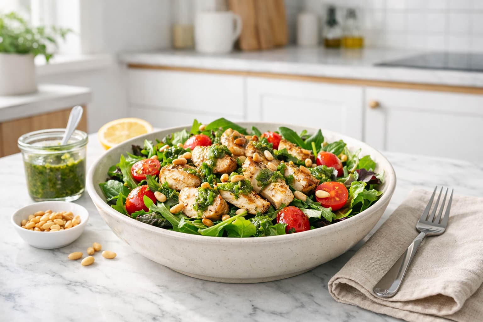 Kyllingsalat med pesto og pinjekjerner