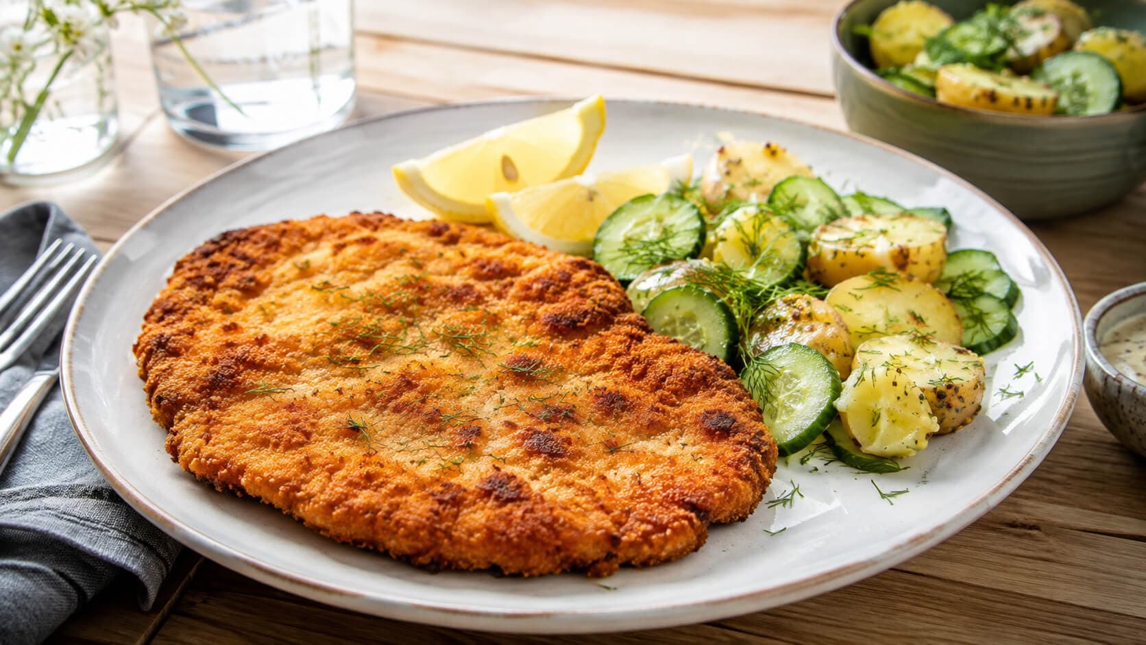 Kyllingschnitzel med potet og agurksalat