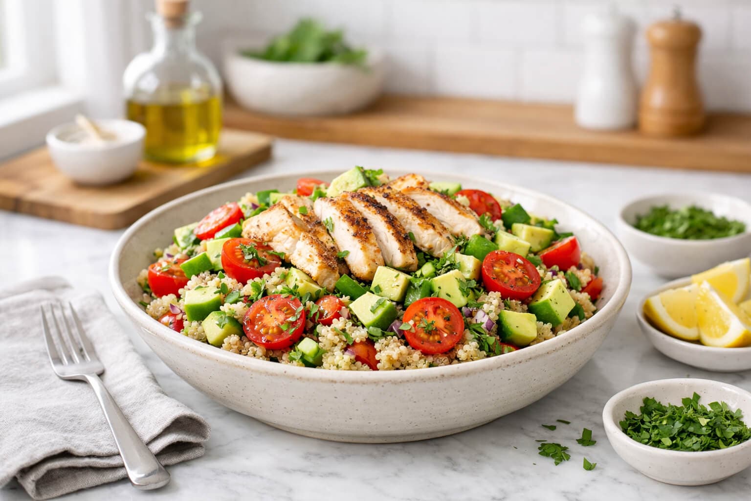 Kyllingsalat med quinoa og honning-sennepsdressing