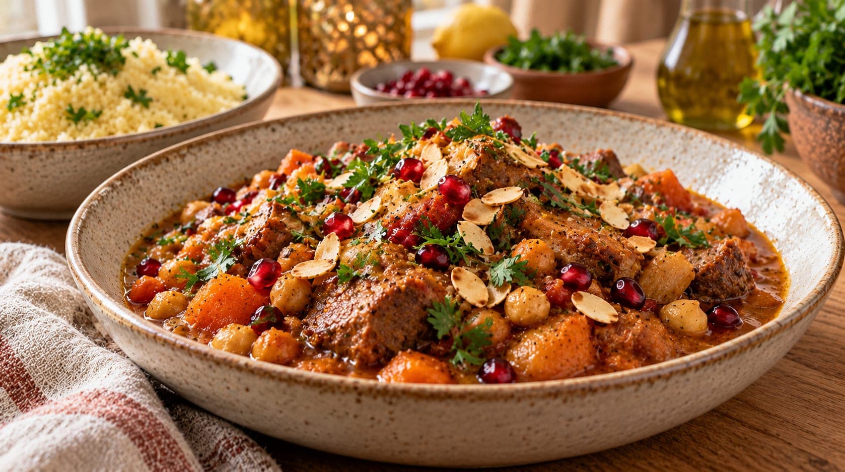 Lammegryte med kikerter og gresskar i krydret tomatsaus, toppet med granateplekjerner, mandelflak og persille, med couscous i bakgrunnen.