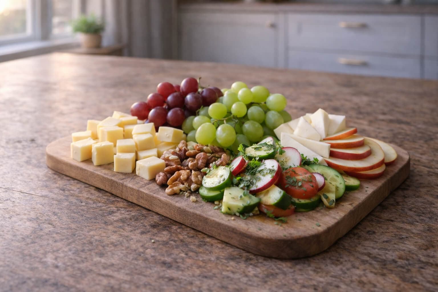 Lett ostetallerken med frukt og nøtter