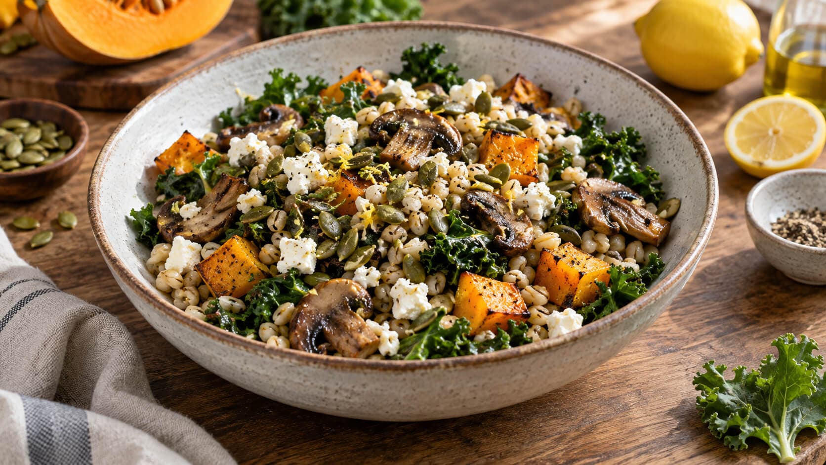Lun byggsalat med sopp, grønnkål og feta