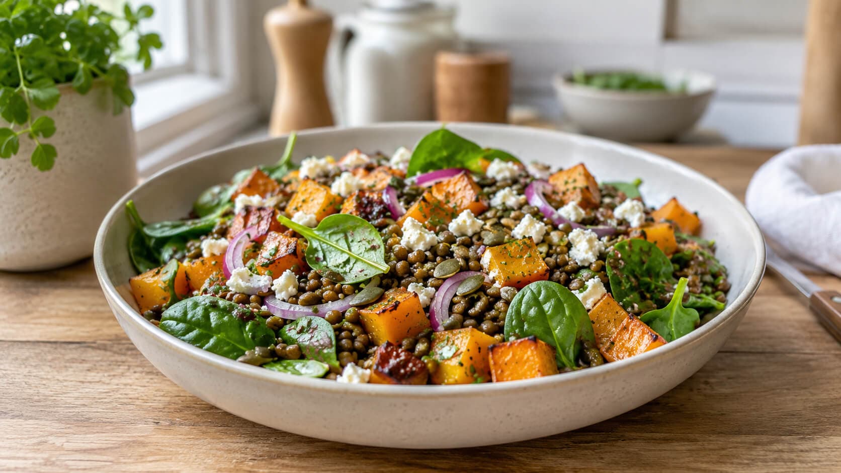 Lun linsesalat med ovnsbakt gresskar og feta