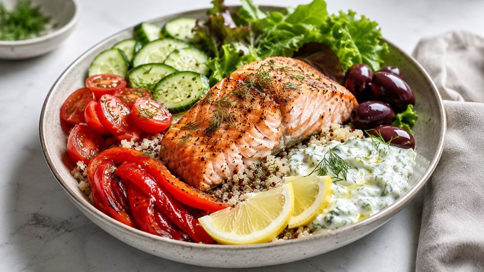 Middelhavsbowl med laks, quinoa og tzatziki