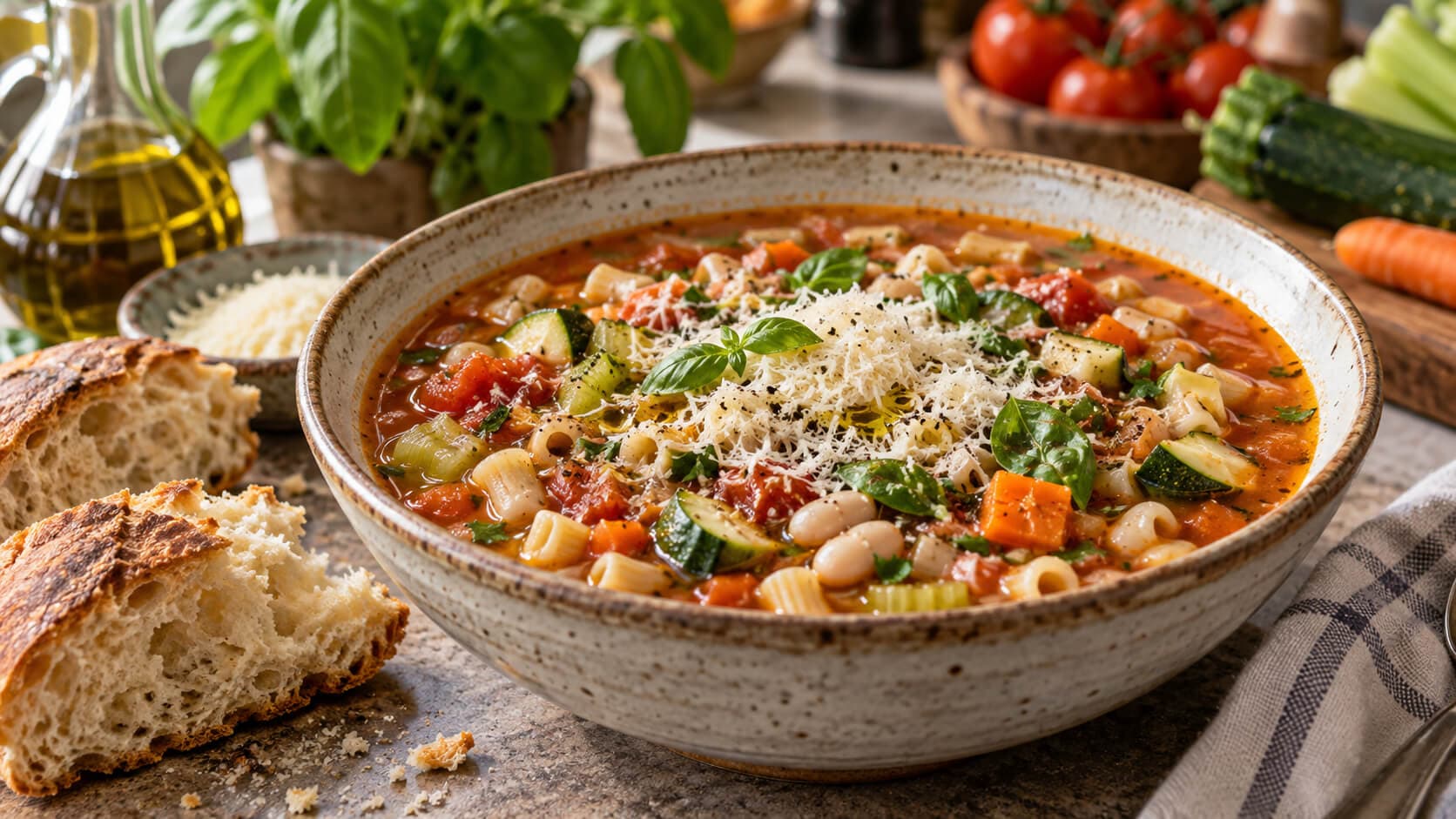 Minestronesuppe med pasta, bønner og parmesan