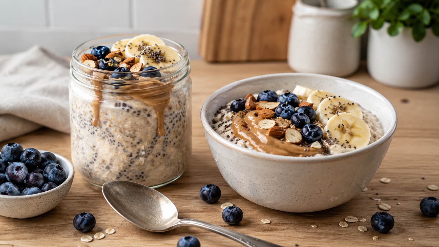 Overnight oats med blåbær og mandelsmør