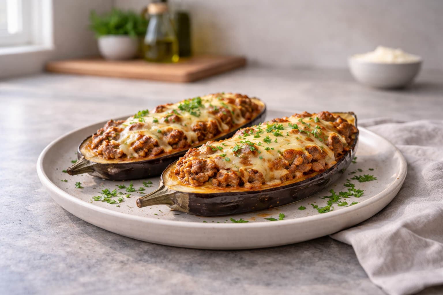 Ovnsbakt aubergine med kjøttsaus