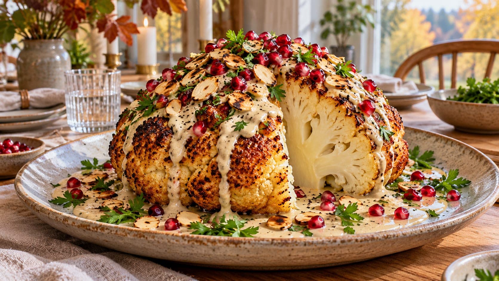 Helstekt blomkål med tahinisaus, granateplekjerner, ristede mandelflak og persille på et stort keramisk fat, med en bit skåret ut.