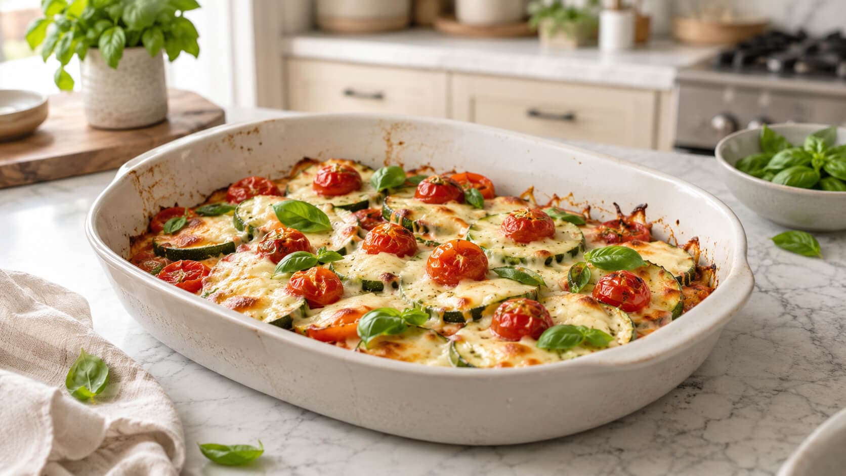 Ovnsbakt squash med mozzarella og tomat