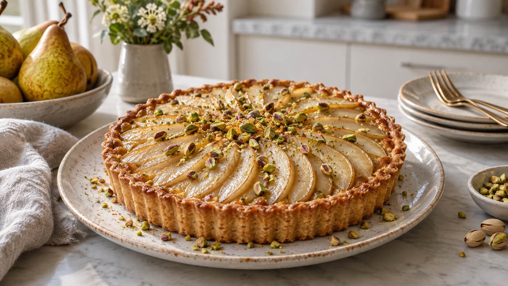 Pæretarte med frangipane og pistasj