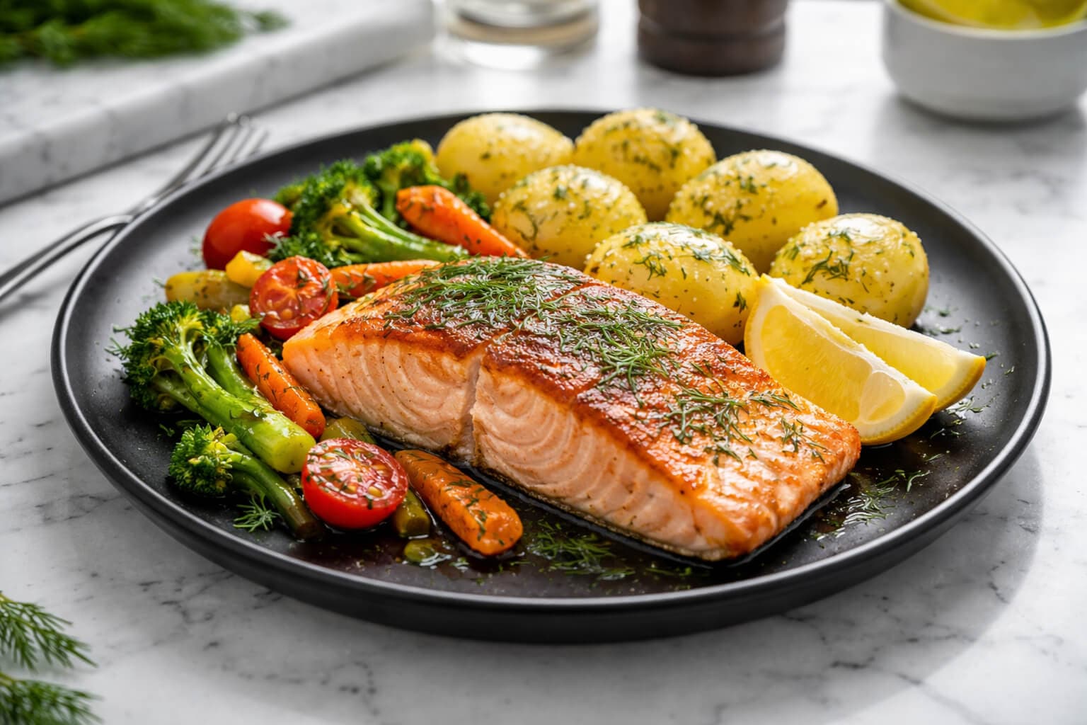 Pannestekt laks med dill og grønnsaker