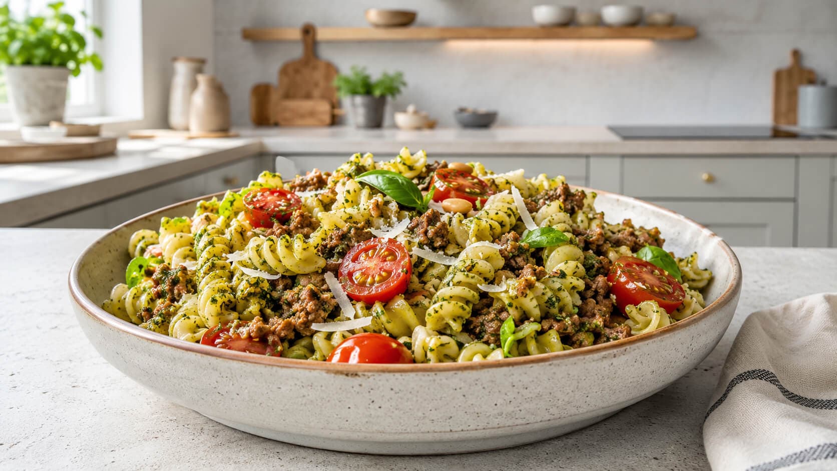 Pasta med kjøttdeig, pesto, tomater og parmesan