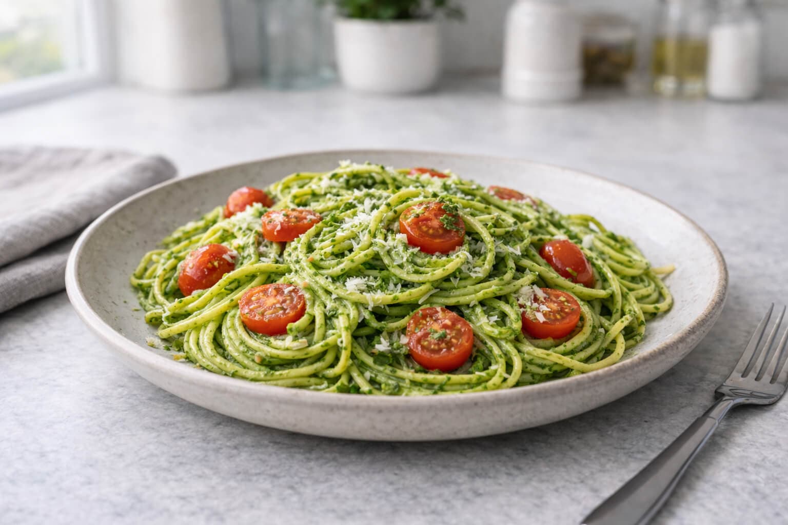 Pasta med pesto og cherrytomater