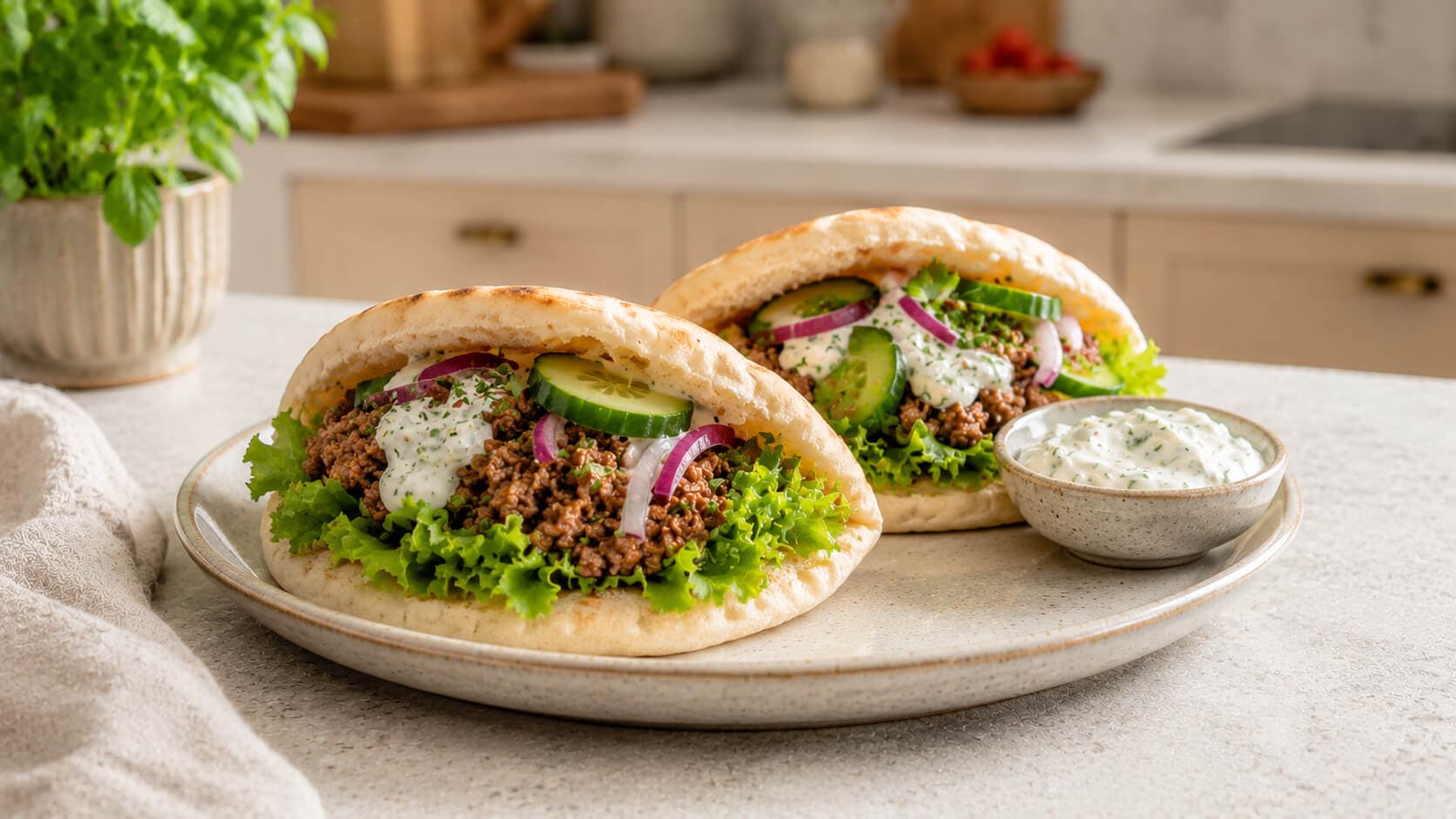 Pitabrød med kjøttdeig, tzatziki og salat