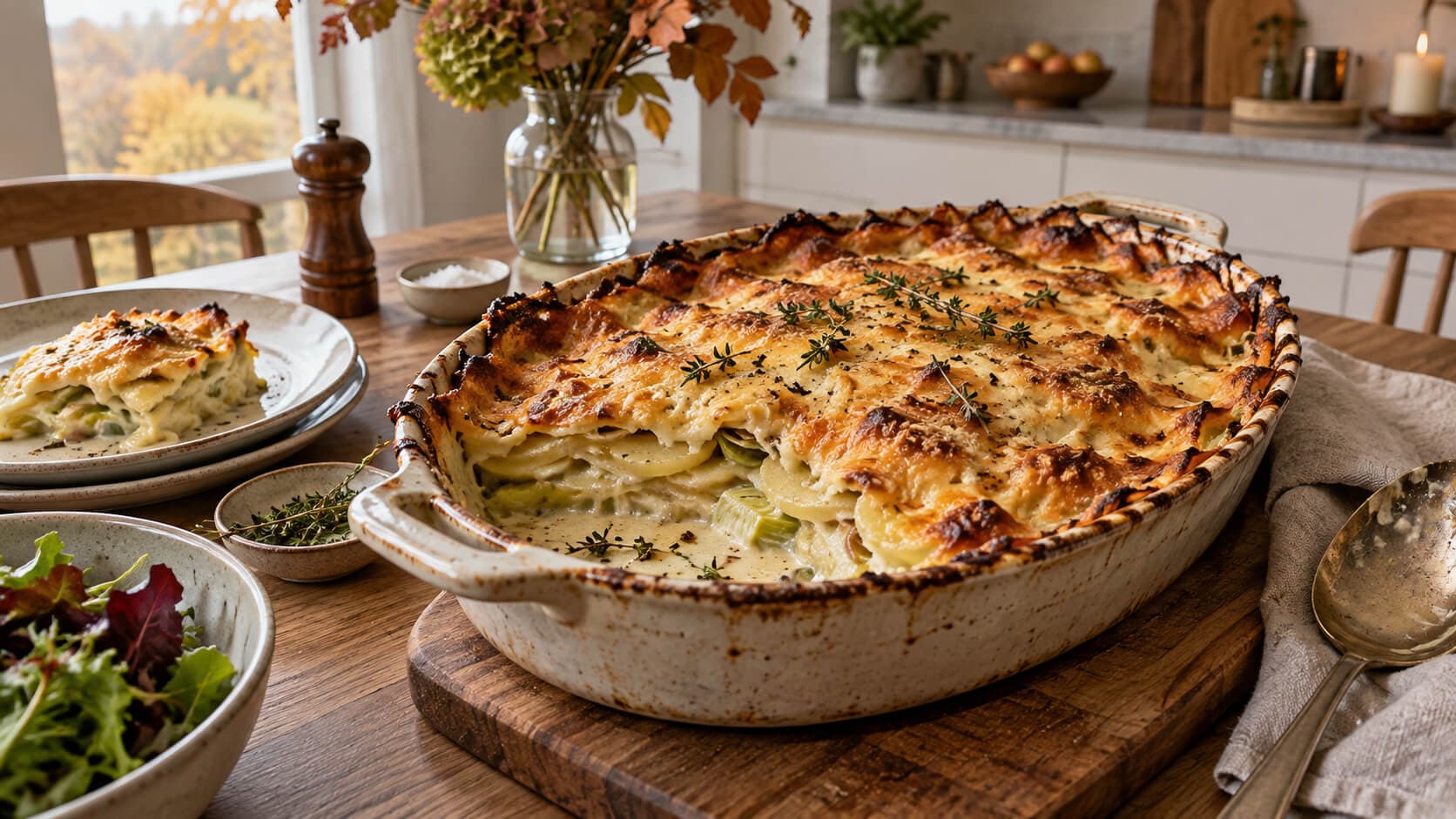 Potetgrateng med purre og gruyère