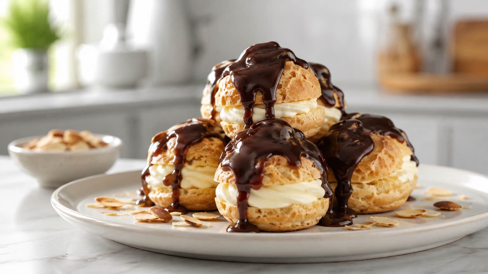 Profiteroles med sjokoladesaus og vaniljekrem