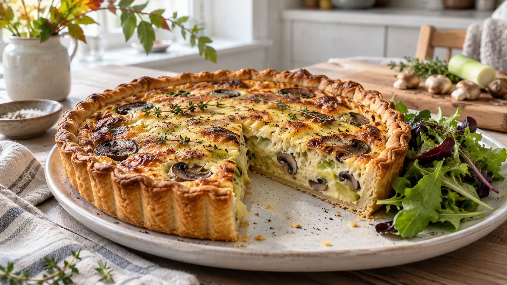 Quiche med purre, sopp og gruyère