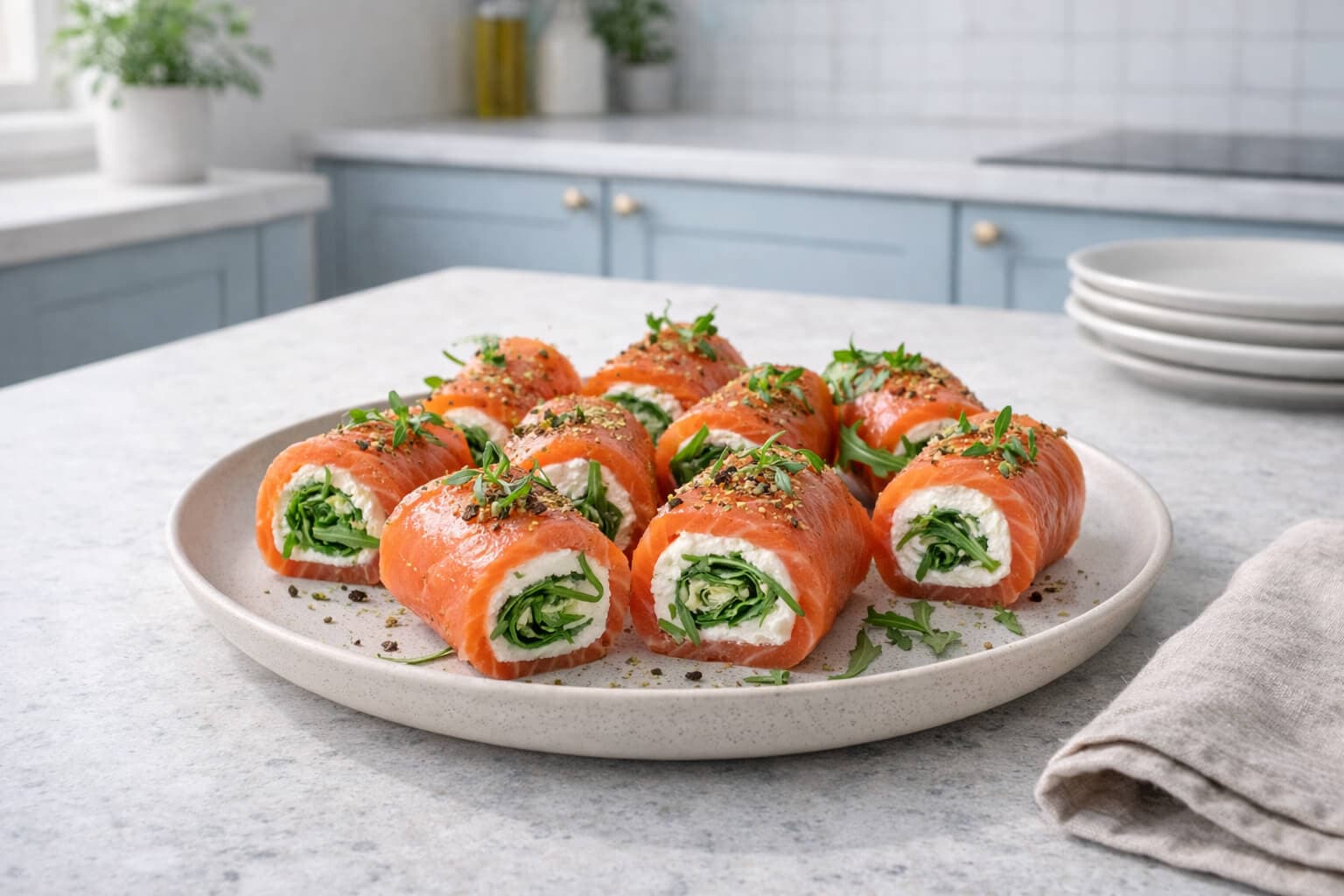 Røkelaksrull med kremost og ruccola