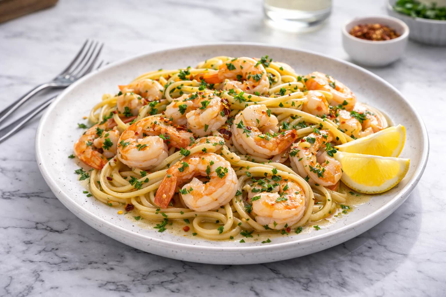 Skalldyrpasta med reker i hvitvinsaus