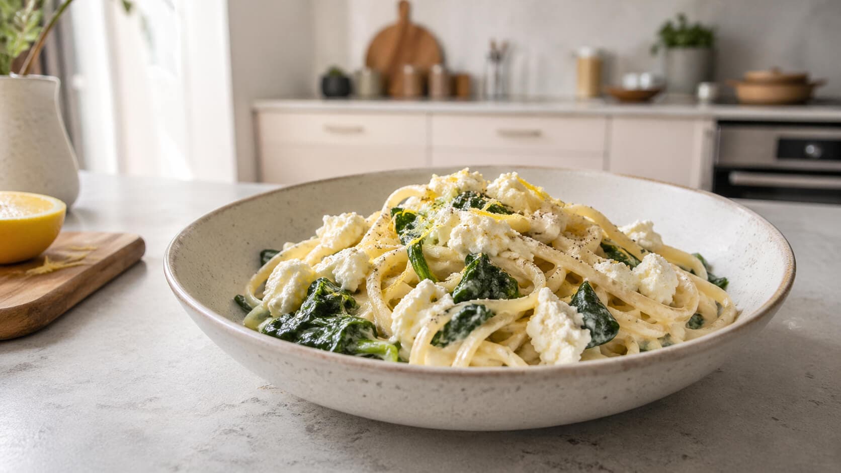 Sitronpasta med ricotta og spinat