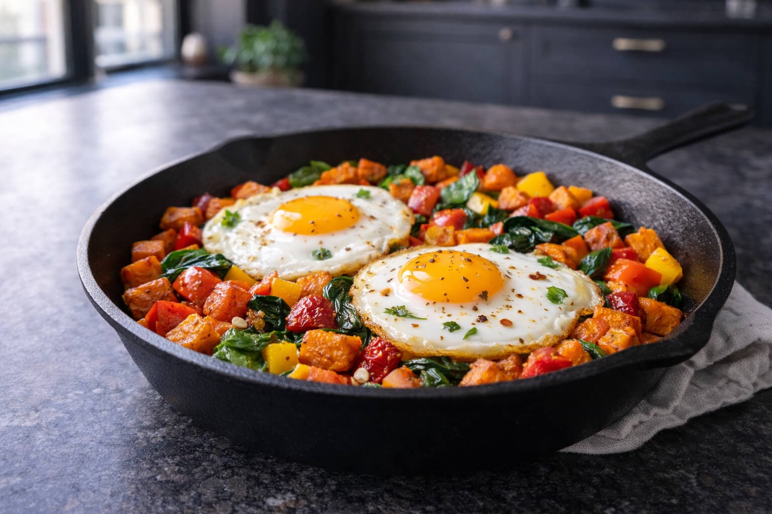 Søtpotet og eggskillet med grønnsaker