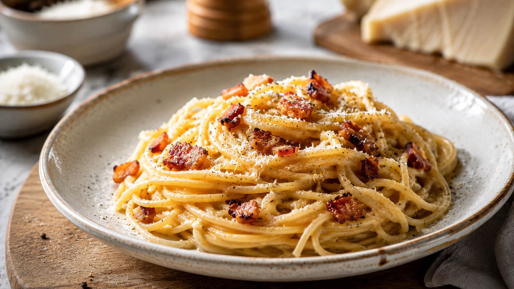 Spaghetti carbonara med guanciale og parmesan