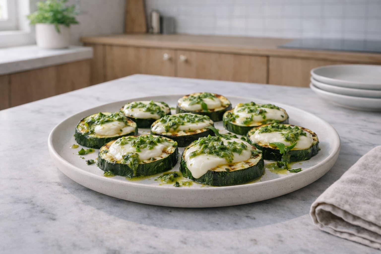 Squashskiver med mozzarella og pesto