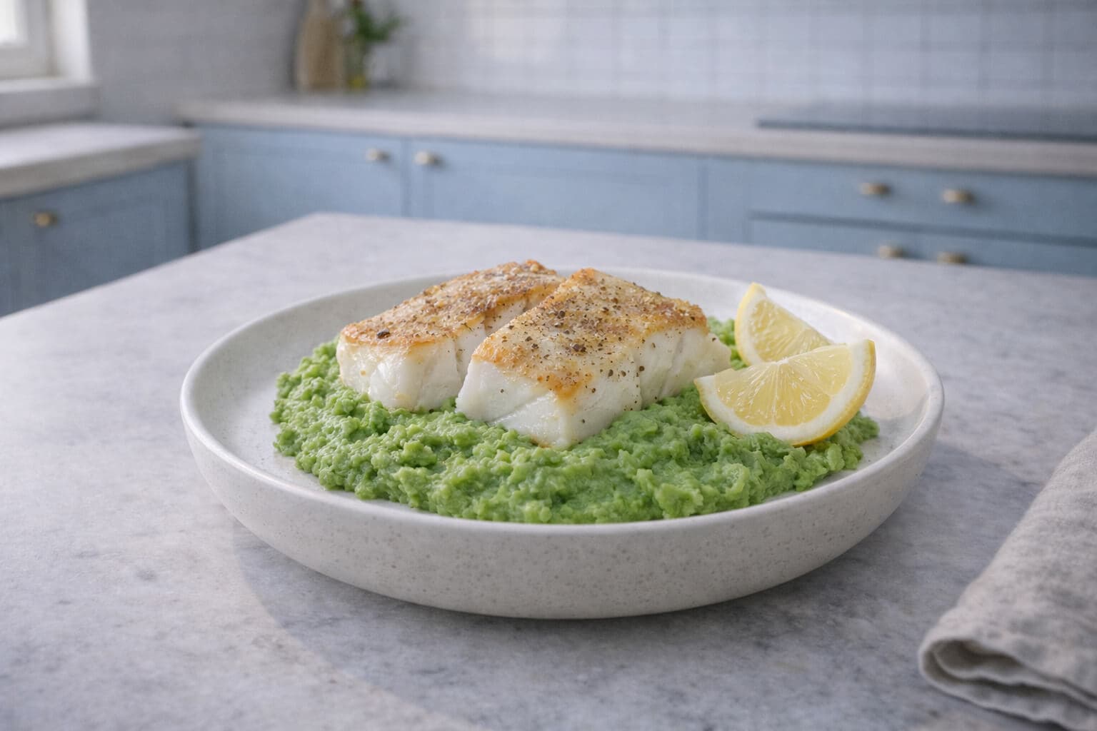 Stekt torsk med ertepuré og sitron