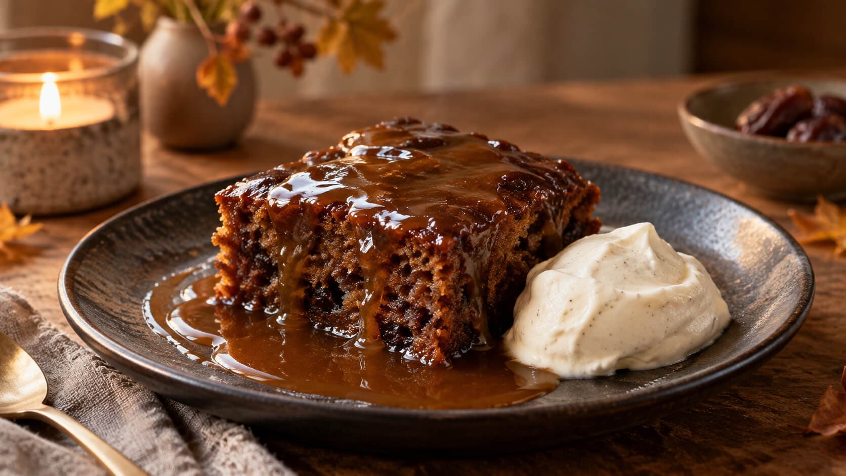 Sticky dadelkake med karamellsaus og vaniljekrem