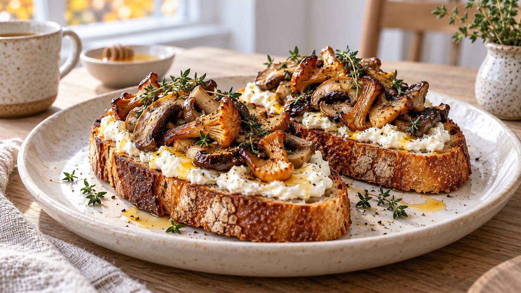 To skiver ristet surdeigsbrød med ricotta, stekt sopp, honning og frisk timian på en lys tallerken.